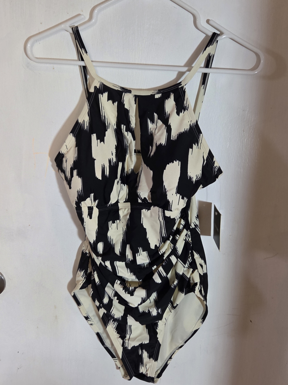 Ellen Tracy Black and Cream Abstract High-Neck One-Piece Swim
